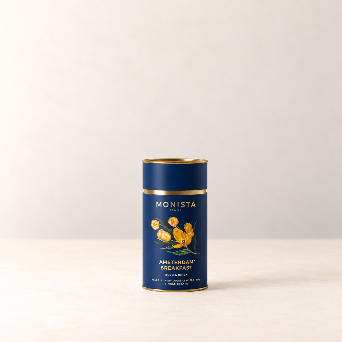 Monista Tea Co. | Amsterdam Breakfast tea tin on soft ivory background